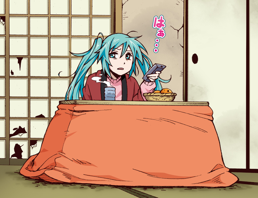 bangs basket blue_eyes blue_hair commentary_request controller crack cup eyebrows eyebrows_visible_through_hair food frown fruit hair_between_eyes hatsune_miku highres holding kotatsu long_hair looking_away looking_to_the_side mandarin_orange messy_hair open_mouth pink_sweater remote_control shawl sitting solo suzushiro_(suzushiro333) sweater table twintails uneven_eyes vocaloid