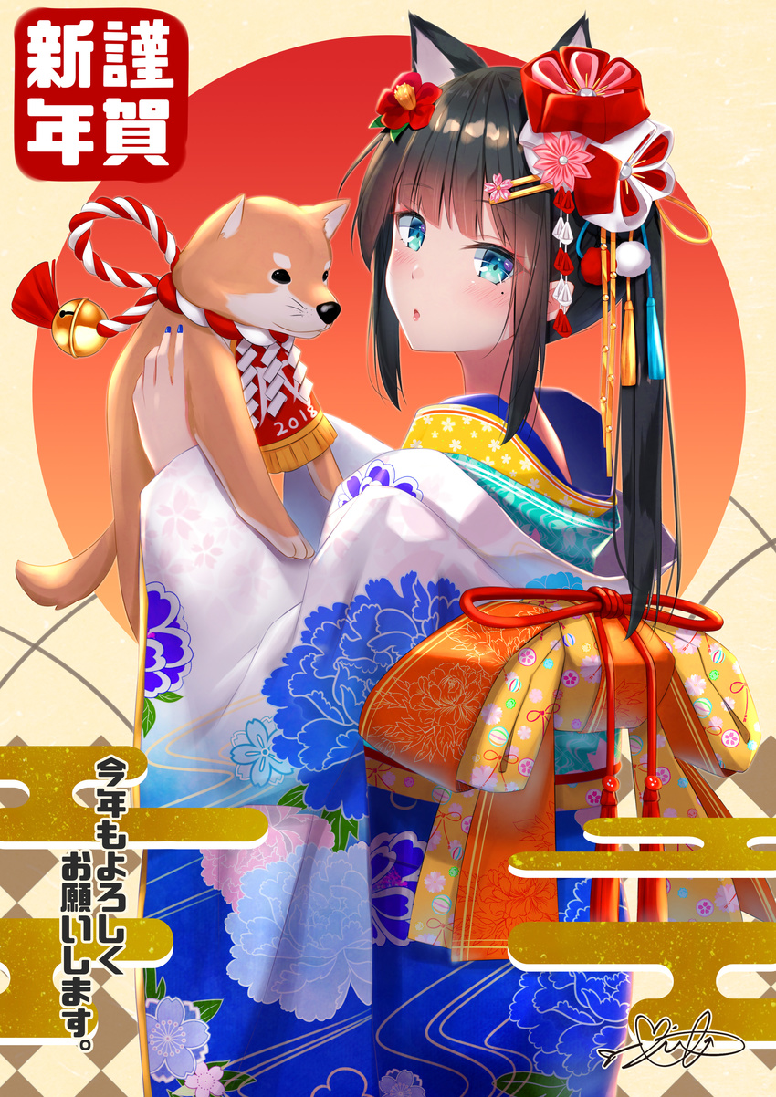 2018 :o absurdres akita_inu animal animal_ears bangs bell black_hair blue_eyes blue_kimono blunt_bangs blush bow chinese_zodiac clothed_animal cowboy_shot dog dog_ears egasumi flower from_side hair_flower hair_ornament hairclip highres holding holding_animal japanese_clothes jingle_bell kimono large_bow long_hair long_sleeves looking_at_viewer looking_to_the_side mirea mole mole_under_eye open_mouth orange_bow original print_kimono rope shimenawa sidelocks signature solo standing tassel translation_request whiskers wide_sleeves year_of_the_dog