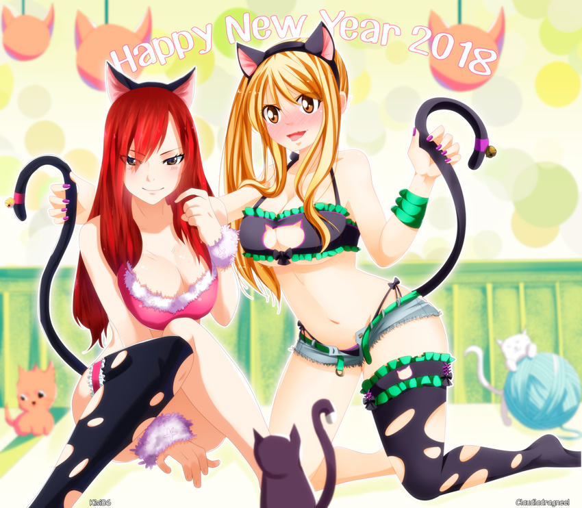 blonde_hair blush breasts cat cat_ears cat_lingerie cat_tail claudia_dragneel cleavage erza_scarlet fairy_tail garters kisi86 large_breasts long_hair lucy_heartfilia red_hair smile