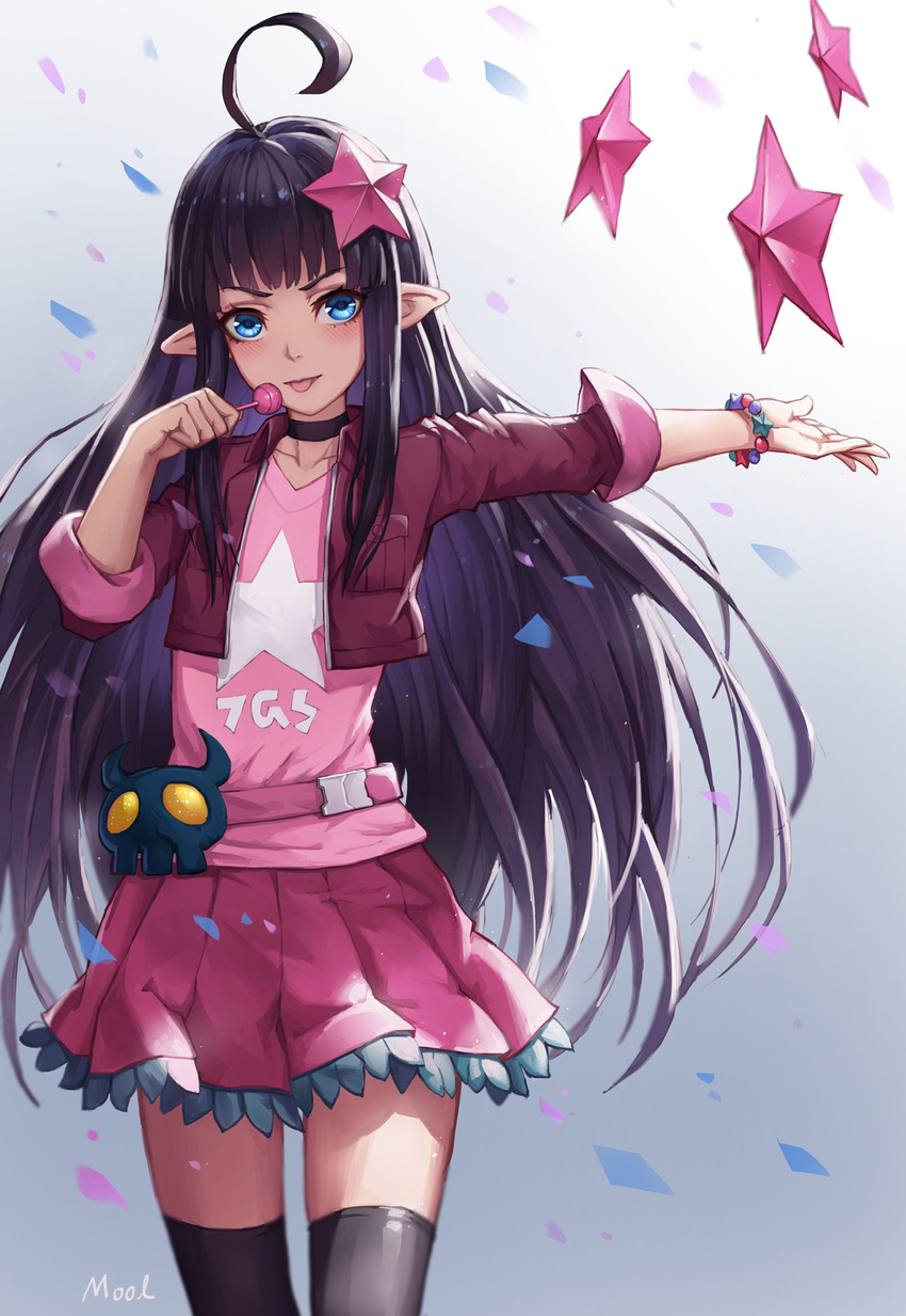 :p ahoge aotu_world artist_name bangs bell black_choker black_hair black_legwear blue_eyes blunt_bangs blush bracelet breast_pocket candy choker clothes_writing collarbone cowboy_shot cropped_jacket food gradient gradient_background grey_background hair_ornament highres holding holding_food jacket jewelry kaili_(aotu_world) lollipop long_hair mool_yueguang open_clothes open_jacket outstretched_arm parted_lips petals pink_hair pink_shirt pink_skirt pleated_skirt pocket purple_jacket shirt skirt skull sleeves_past_elbows sleeves_pushed_up smile solo standing star star_hair_ornament star_print straight_hair thighhighs tongue tongue_out v-shaped_eyebrows zettai_ryouiki