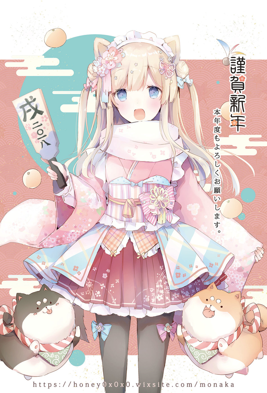 :o animal_ears bangs black_legwear blonde_hair blue_eyes blush bow chinese_zodiac commentary_request floral_print hair_ribbon hairband happy_new_year highres holding japanese_clothes kimono long_sleeves looking_at_viewer maid_headdress new_year open_mouth original pantyhose pink_bow pink_kimono pink_scarf ribbon sash scarf shiba_inu standing suzumori_uina translation_request white_hairband year_of_the_dog
