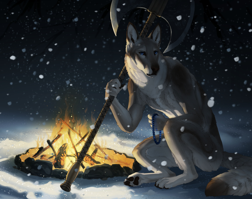 2018 5_fingers anthro blue_eyes canine coyote digital_drawing_(artwork) digital_media_(artwork) digitigrade fire fur grey_fur holding_object holding_weapon male mammal night nude outside pawpads sitting solo turnipberry weapon