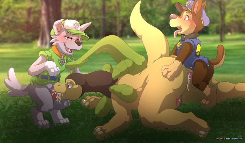 anal bayleef canine chase_(paw_patrol) clothed clothing cub cum dog fan_character male male/male mammal nicobay nintendo oral paw_patrol penis pok&eacute;mon pok&eacute;mon_(species) rocky_(paw_patrol) size_difference small_dom_big_sub ursofofinho video_games young