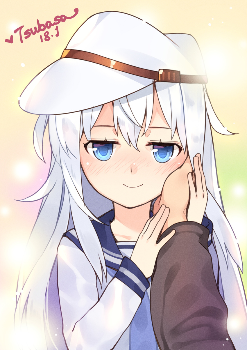 1girl absurdres artist_name bangs blue_eyes blue_neckwear blurry blush dated flat_cap gradient gradient_background hand_on_another's_cheek hand_on_another's_face hat heart hibiki_(kantai_collection) highres kantai_collection long_hair long_sleeves looking_at_viewer multicolored multicolored_background neckerchief nose_blush out_of_frame pov pov_hands school_uniform serafuku shirt silver_hair solo_focus straight_hair tsubasa_tsubasa upper_body white_hat white_shirt