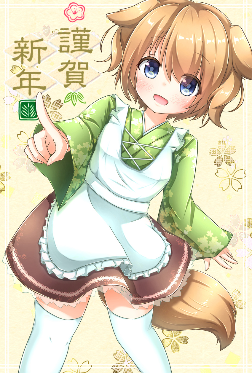 :d animal_ears apron blue_eyes chinese_zodiac commentary_request dog_ears dog_tail floral_background frilled_skirt frills green_kimono highres houjun_dashi japanese_clothes kimono light_brown_hair open_mouth original short_hair simple_background skirt smile tail thighhighs translation_request white_legwear wide_sleeves year_of_the_dog zettai_ryouiki