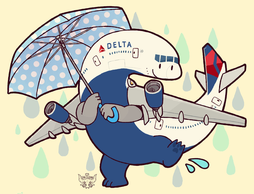 2017 3_toes aircraft airplane ambiguous_gender better_version_at_source cute delta_airlines english_text feral_aircraft hi_res holding_object holding_umbrella igriega jet living_aircraft living_machine looking_at_viewer machine not_furry on_one_leg raining signature simple_background smile soles solo splash standing text toes umbrella yellow_background