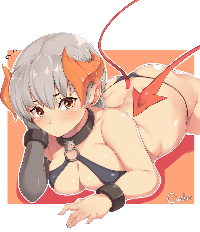 ass borrowed_character breasts brown_eyes cinder_(norasuko) cleavage collar demon_tail gloves grey_gloves highres horns looking_at_viewer medium_breasts moisture_(chichi) o-ring original parted_lips short_hair silver_hair single_glove skindentation solo tail thong