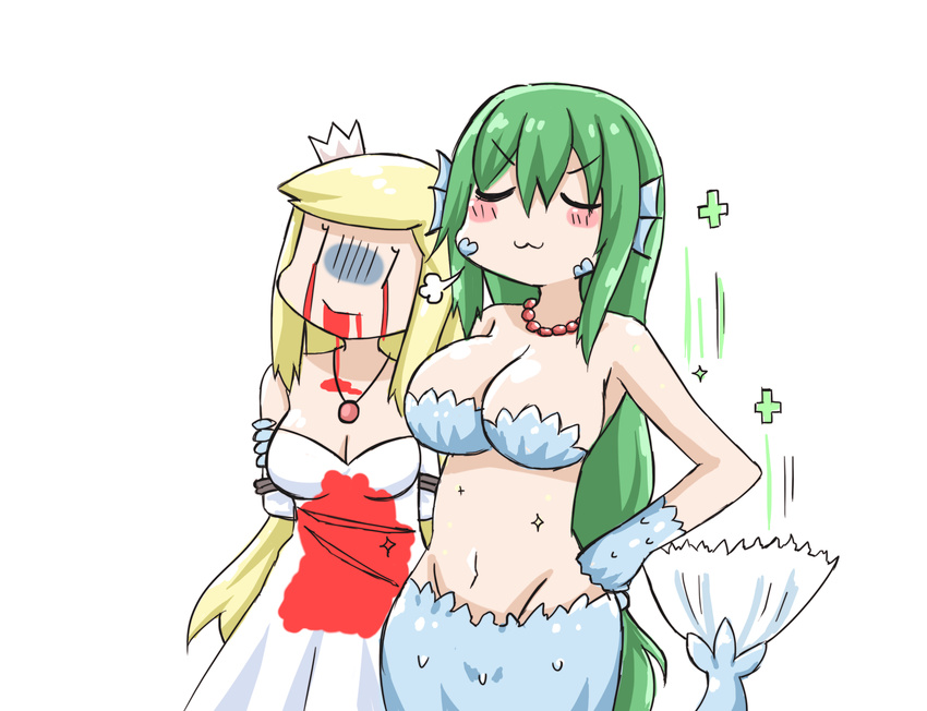 :3 =3 arms_behind_back bare_shoulders blonde_hair blood bloody_clothes bloody_tears blush_stickers bound bound_arms breasts cleavage closed_eyes closed_mouth comic crown detached_sleeves doyagao dress green_hair greenteaneko hand_on_hip head_fins highres jewelry large_breasts long_hair medium_breasts mermaid mini_crown monster_girl multiple_girls necklace original pearl_necklace pendant regeneration scales silent_comic simple_background smile sparkle strapless strapless_dress tied_up turn_pale u_u v-shaped_eyebrows very_long_hair white_background white_dress |_|