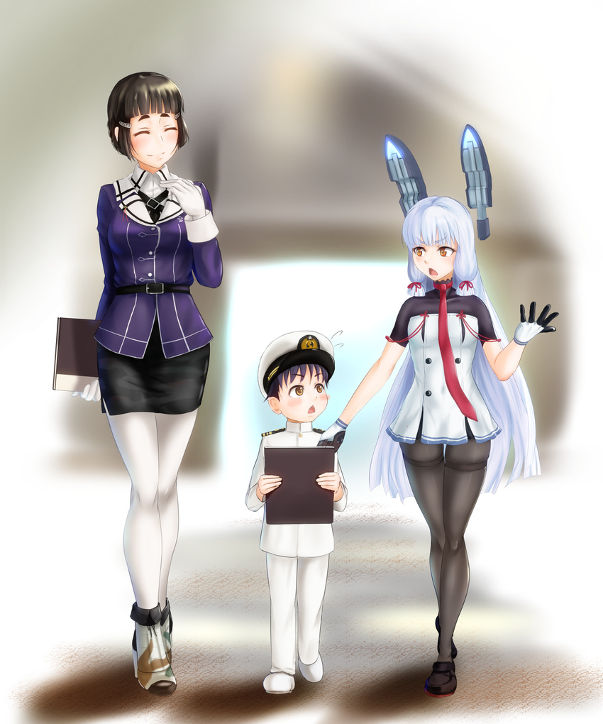 2girls :o absurdres age_difference black_hair black_legwear blush brown_eyes closed_eyes commentary_request gloves hat headgear height_difference highres kantai_collection kauchoro_(namikazemakase) little_boy_admiral_(kantai_collection) long_hair military military_uniform multicolored multicolored_clothes multicolored_gloves multiple_girls murakumo_(kantai_collection) myoukou_(kantai_collection) necktie pantyhose peaked_cap pencil_skirt red_neckwear remodel_(kantai_collection) short_eyebrows short_hair silver_hair skirt smile thighband_pantyhose uniform white_gloves white_legwear