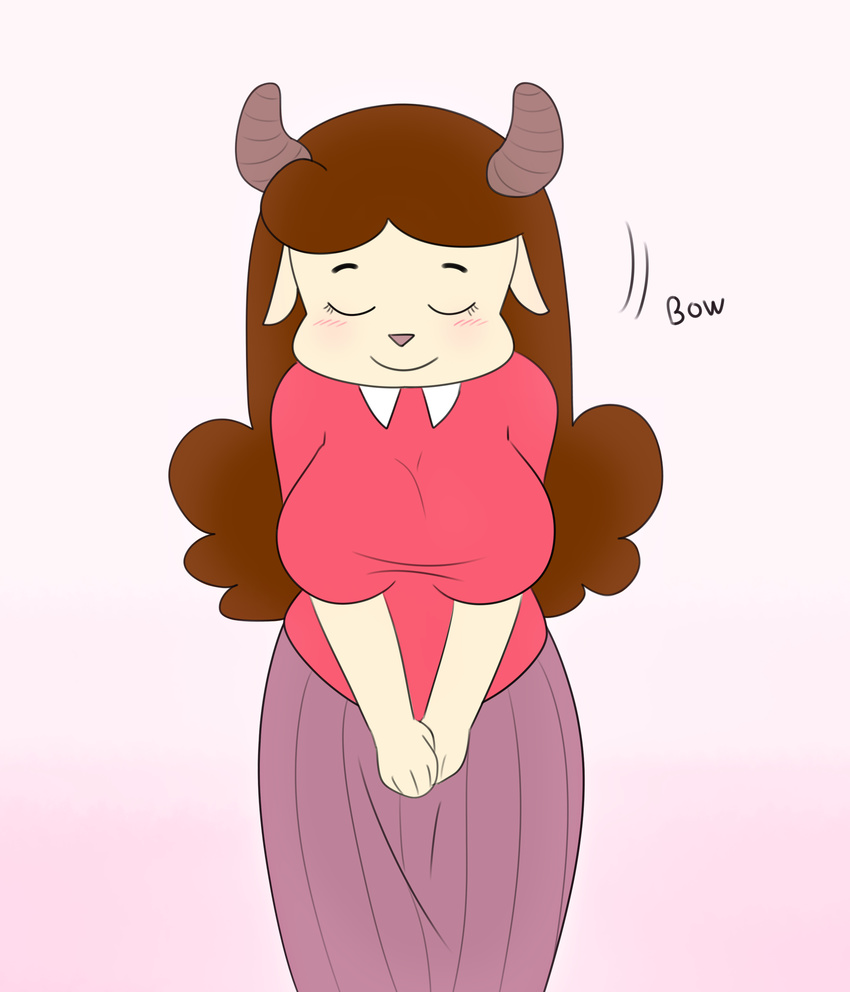 &lt;3 anthro belisssyma big_breasts blush bowing breasts brown_hair caprine chun-ni clothed clothing eyelashes eyes_closed female goat hair hi_res horn long_hair mammal mature_female miracle_star mother parent simple_background smile solo standing