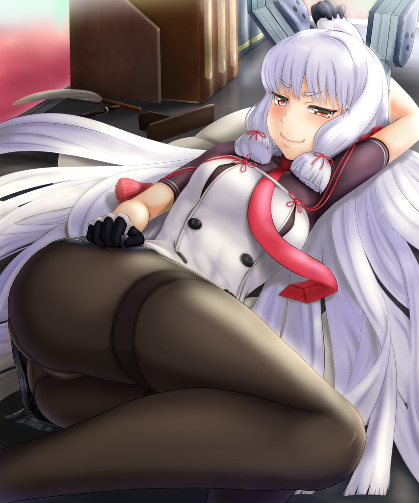 ass bangs black_legwear blunt_bangs closed_mouth commentary_request desk dress gloves graphite_(medium) hair_ribbon headgear highres kantai_collection kauchoro_(namikazemakase) long_hair looking_at_viewer lying multicolored multicolored_clothes multicolored_gloves murakumo_(kantai_collection) necktie on_back on_desk orange_eyes panties panties_under_pantyhose pantyhose red_neckwear remodel_(kantai_collection) ribbon short_eyebrows sidelocks silver_hair skirt smile smug solo strapless strapless_dress thighband_pantyhose traditional_media tress_ribbon undershirt underwear very_long_hair