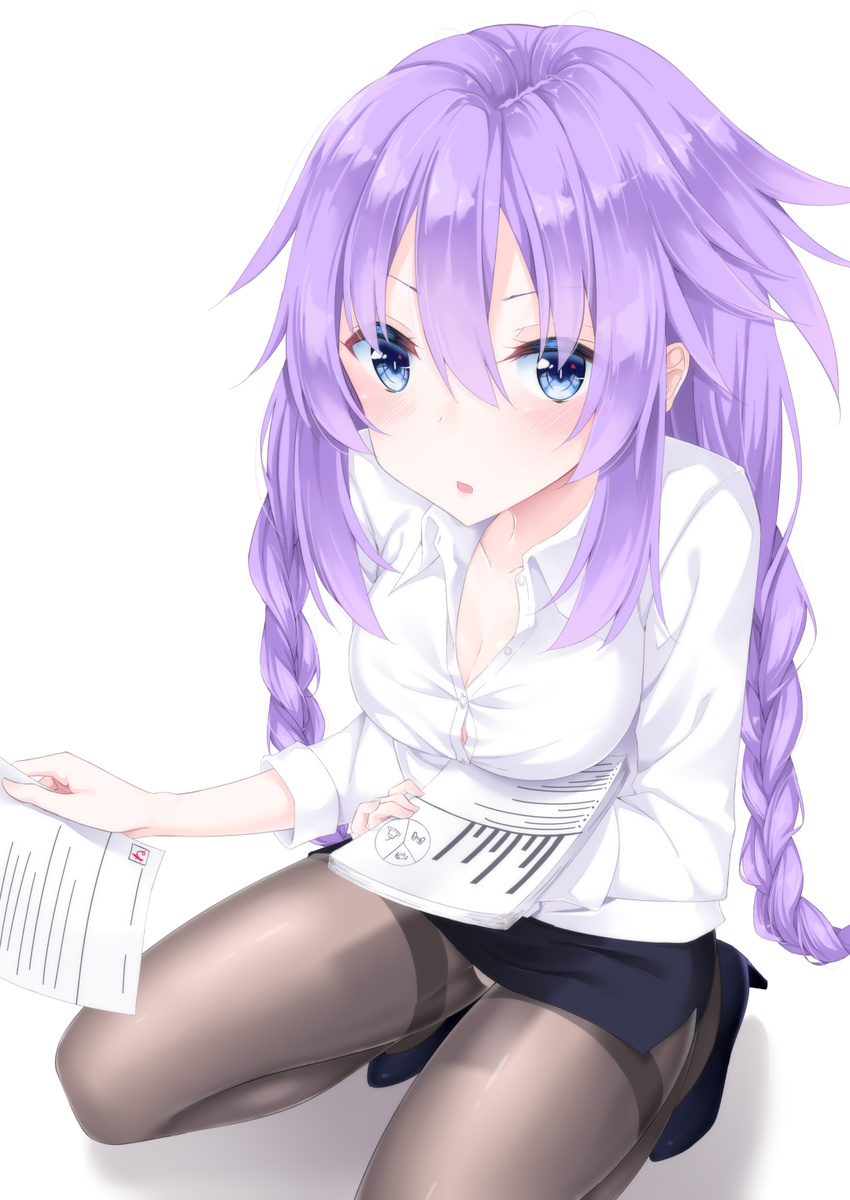 blue_eyes blue_skirt blush braid breasts cleavage collarbone commentary_request hair_between_eyes high_heels highres holding holding_paper long_hair looking_at_viewer medium_breasts neptune_(series) open_mouth panties panties_under_pantyhose pantyhose paper partially_unbuttoned purple_hair purple_heart shikapiro shirt simple_background skirt solo squatting thighband_pantyhose twin_braids twintails underwear very_long_hair white_background white_shirt