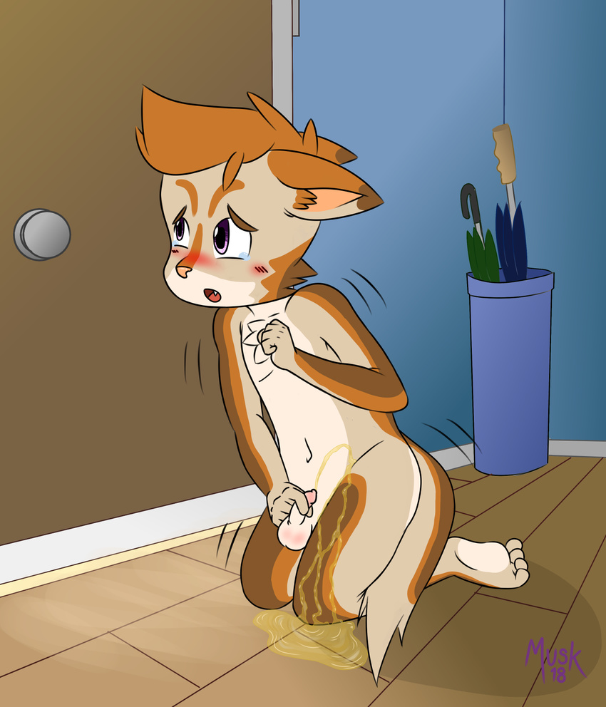 anthro balls blush butt canine coyote cub dog door embarrassed fangs flaccid foreskin hallway kneeling male mammal muskie muskiepup navel nude omorashi open_mouth paws peeing peeing_on_self penis scared shaking shivering solo tears trembling uncut upset urine watersports worried young