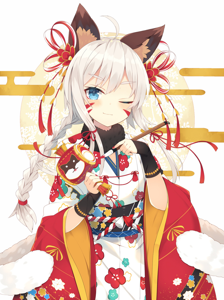 animal_ears bangs blue_eyes braid calligraphy_brush chinese_zodiac closed_mouth commentary_request detached_sleeves dog_ears eyebrows_visible_through_hair fingernails fur_collar hair_ornament highres holding japanese_clothes kimono long_hair looking_at_viewer multiple_tails nail_polish nibiiro_shizuka obi one_eye_closed original paintbrush painting red_nails revision sash silver_hair single_braid smile smug solo standing tail two_tails upper_body whisker_markings year_of_the_dog