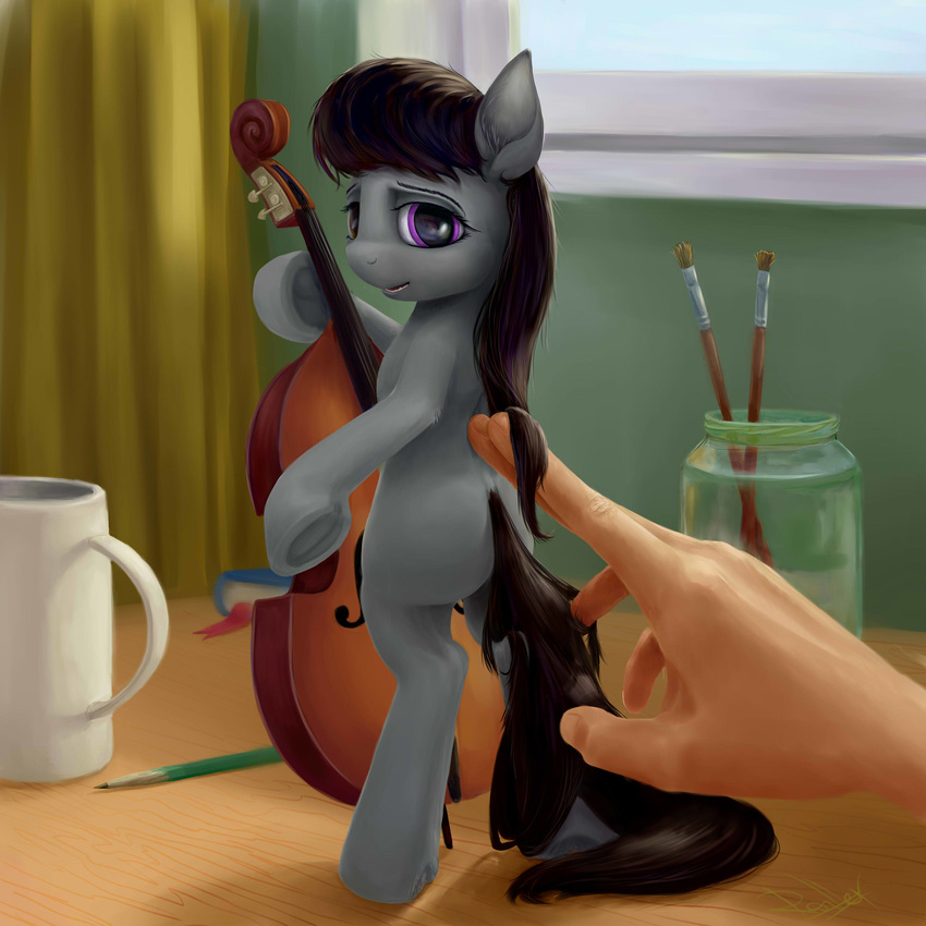 2015 black_hair book butt cello cup curtains desk digital_media_(artwork) digital_painting_(artwork) earth_pony equine eyebrows eyelashes female friendship_is_magic glass hair holding_object horse human jar long_hair looking_at_viewer looking_back mammal musical_instrument my_little_pony nude octavia_(mlp) open_mouth paintbrush pencil_(object) poking pony purple_eyes rallerae shadow signature solo_focus standing teeth window