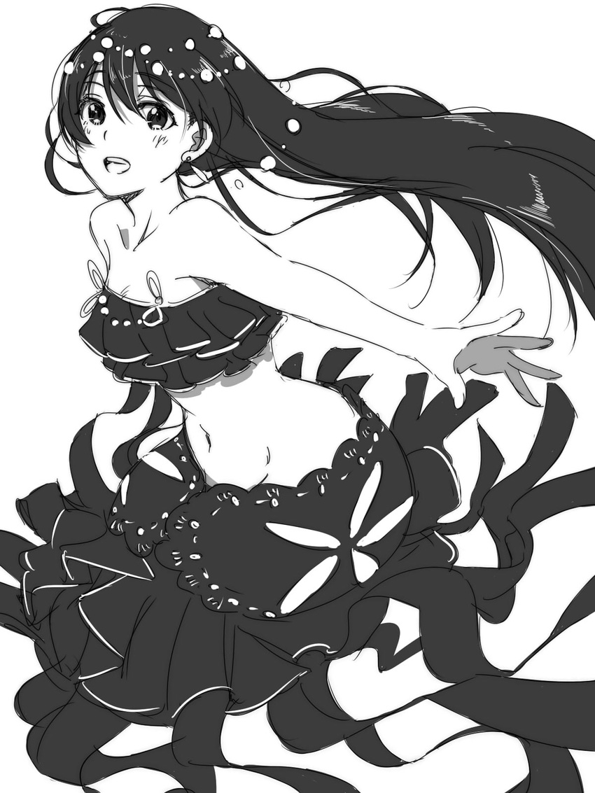 blush commentary_request dress greyscale hair_ornament highres joint06 long_hair looking_at_viewer love_live! love_live!_school_idol_festival love_live!_school_idol_project mermaid_costume monochrome navel open_mouth simple_background sleeveless sleeveless_dress smile solo sonoda_umi white_background