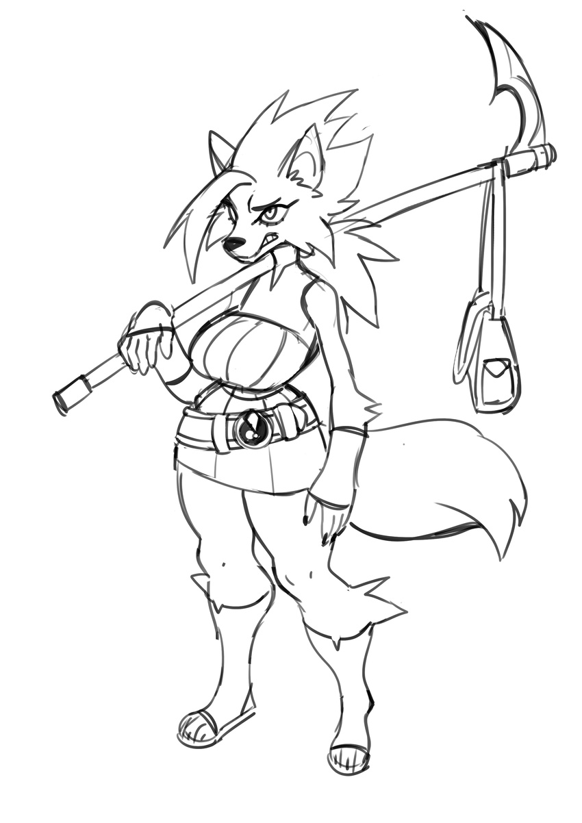 2017 absurd_res anthro bag black_and_white breasts canine clothing digital_drawing_(artwork) digital_media_(artwork) eyelashes female footwear greyscale hair hi_res holding_object holding_weapon jijis-waifus mammal melee_weapon monochrome polearm sandals scythe simple_background sketch solo standing weapon white_background wolf