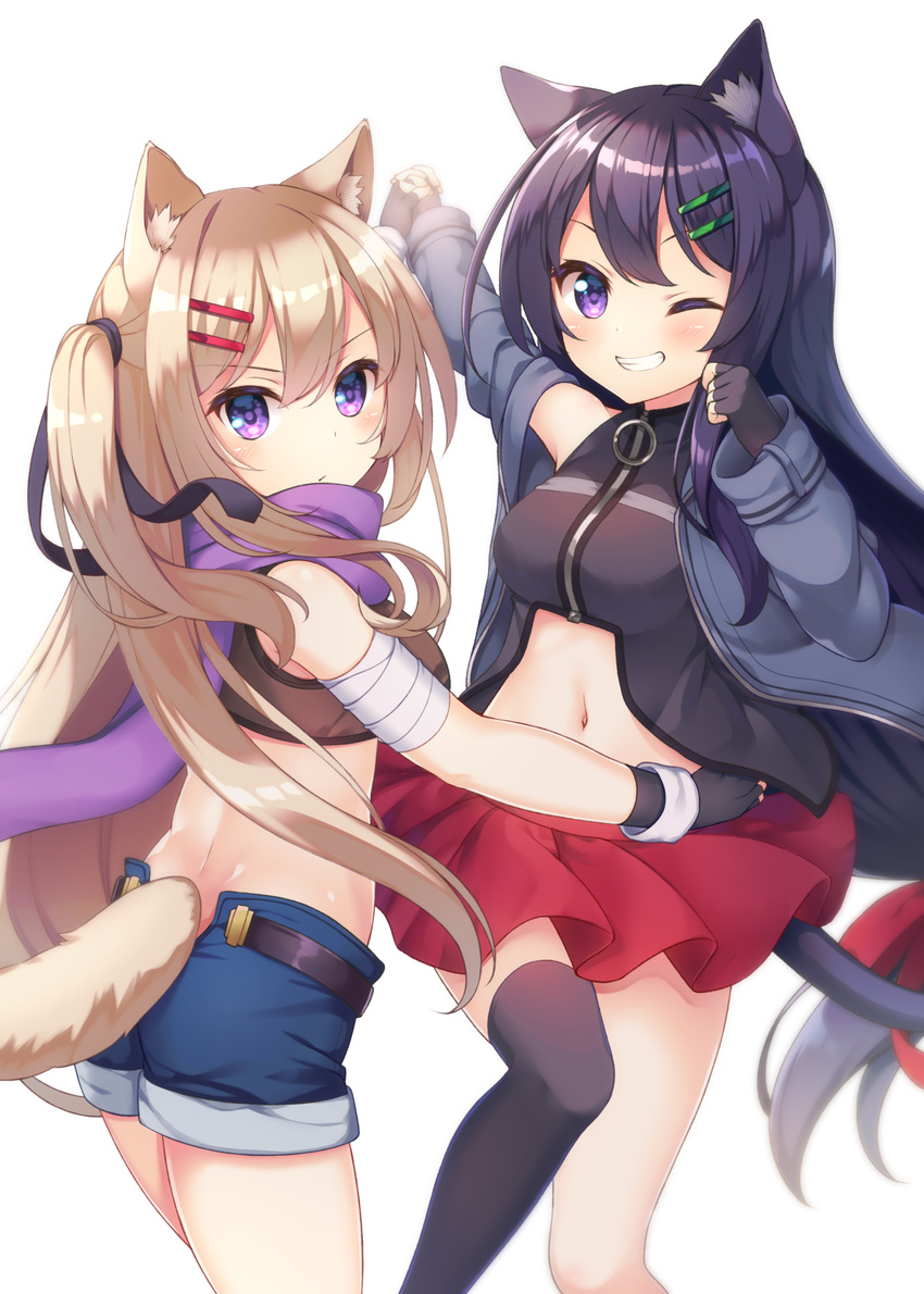 animal_ears bandaged_arm bandages black_hair blonde_hair breasts cat_ears cat_tail fingerless_gloves gloves highres holding_hands jacket long_hair looking_at_viewer looking_back medium_breasts midriff miyaa_mia miyaa_rao multiple_girls navel one_eye_closed one_side_up open_clothes open_jacket original purple_eyes scarf shorts simple_background single_thighhigh smile tail teeth thighhighs yatsuki_yura