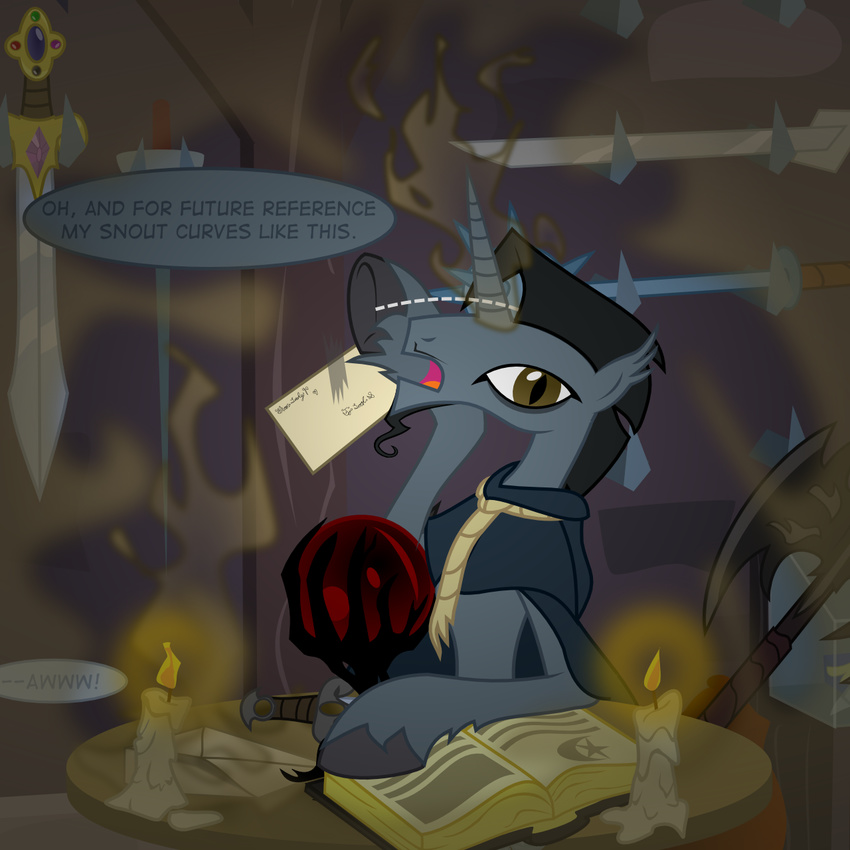 axe bitterplaguerat book brown_eyes candle cape clothing dialogue english_text envelope equine horn magician mammal melee_weapon my_little_pony rope sword text unicorn weapon