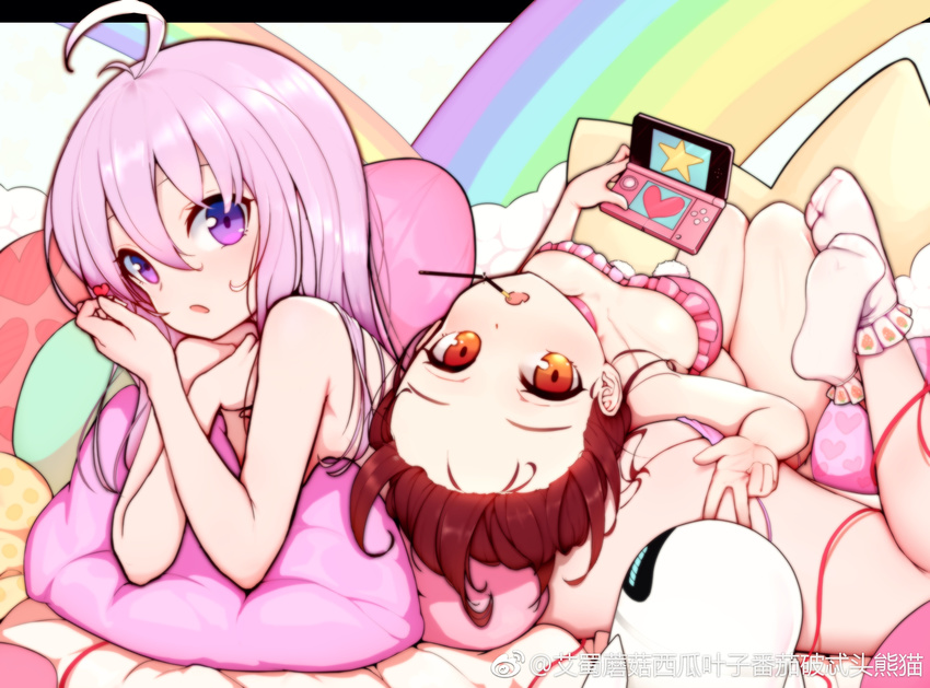 ahoge ass bra breasts brown_hair copyright_request fang food hair_between_eyes handheld_game_console highres kiyomasa_ren long_hair looking_at_viewer lying mouth_hold multiple_girls on_back on_stomach open_mouth orange_eyes panties pink_bra pink_panties pocky purple_eyes purple_hair short_hair side-tie_panties small_breasts socks string_panties topless underwear underwear_only untied untied_panties w weibo_username