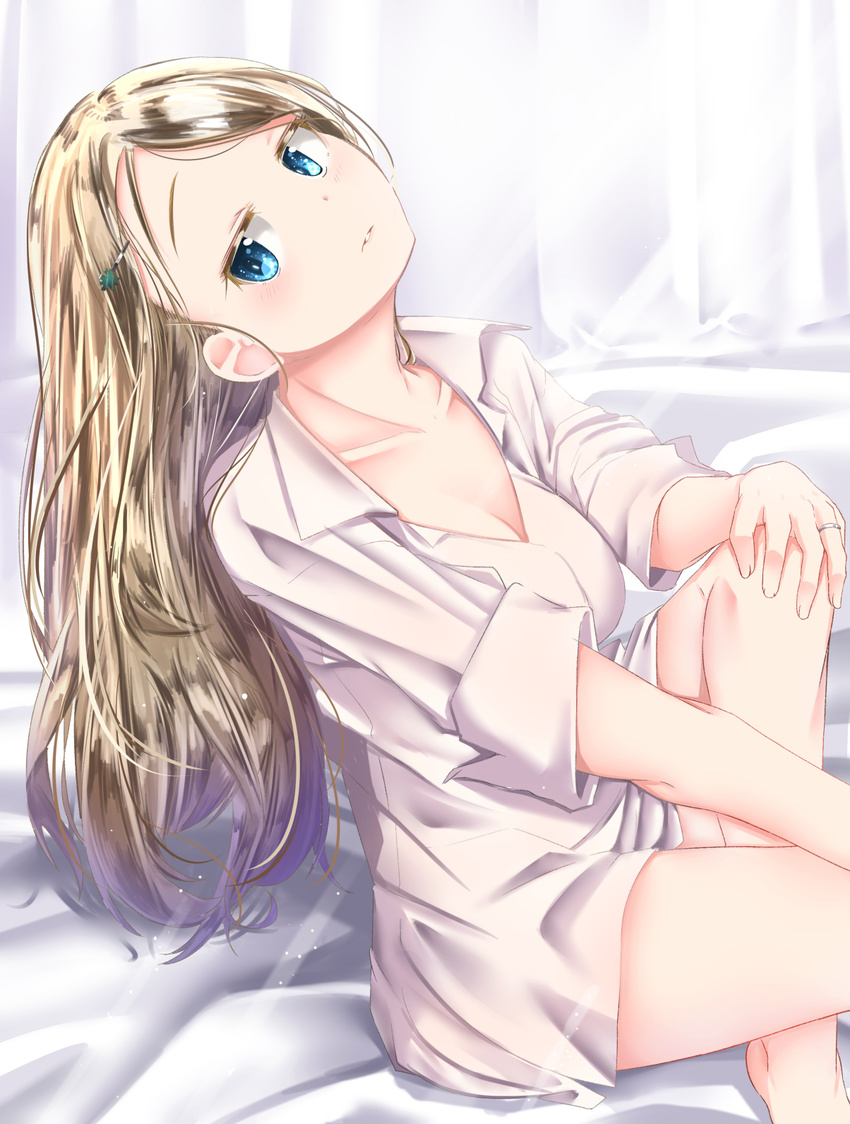 ayase_arisa black_legwear blonde_hair blue_eyes breasts cleavage cowboy_shot hair_ornament hairclip highres jewelry jitome large_breasts long_hair looking_at_viewer love_live! love_live!_school_idol_project mad_(hazukiken) on_bed ring shaft_look shirt sitting solo white_shirt