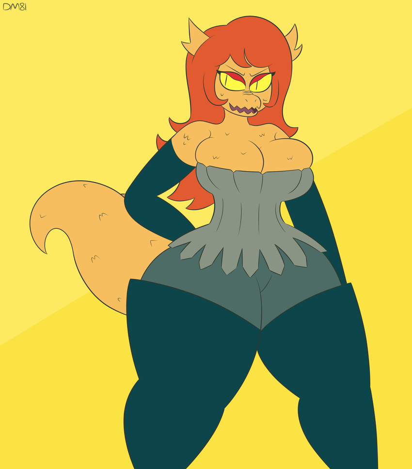 anthro arm_warmers armwear big_breasts boots breasts claws clothed clothing corset cosma female footwear fully_clothed hair lingerie lizard long_hair officialdm ok_k.o.!_let's_be_heroes reptile scalie solo thigh-high_boots yellow_sclera