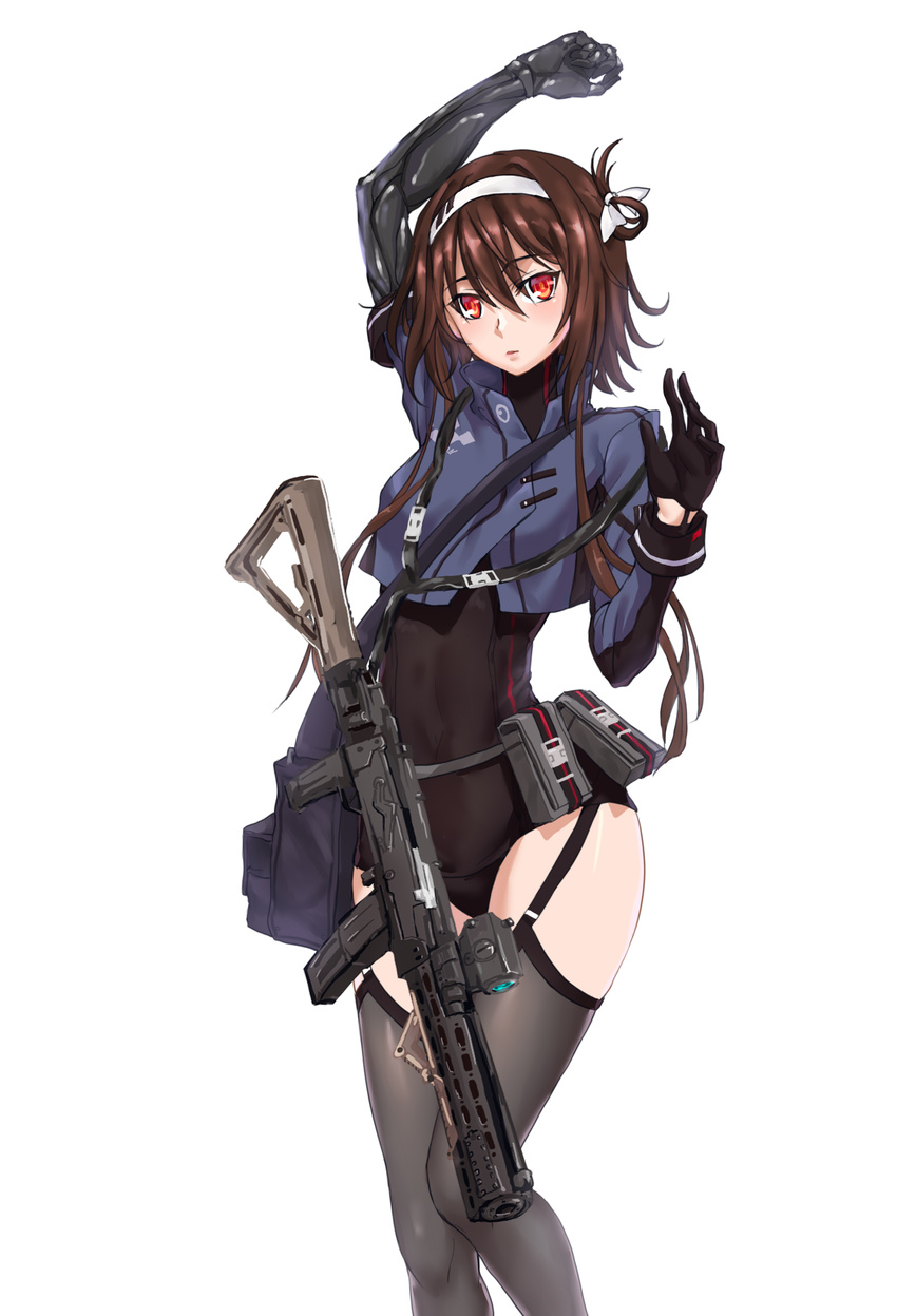 android blush brown_hair commentary_request garter_straps girls_frontline gloves gun hairband highres looking_at_viewer magpul mechanical_arm orange_eyes parted_lips pouch solo submachine_gun thighhighs type_79_(girls_frontline) type_79_smg weapon yeklsa