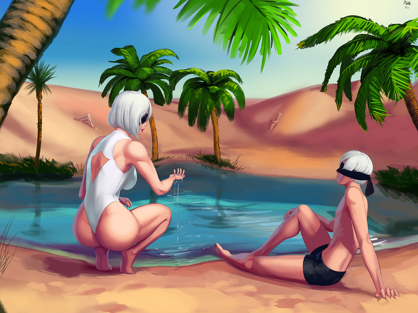 1girl aka6 ass back_cutout barefoot blindfold breasts commission covered_eyes desert from_behind full_body large_breasts lips muscle nier_(series) nier_automata oasis one-piece_swimsuit short_hair shorts silver_hair sitting squatting swimsuit thighs tiptoes toned water white_swimsuit yorha_no._2_type_b yorha_no._9_type_s