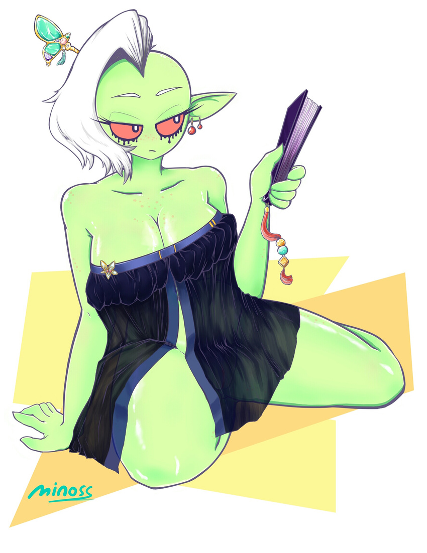 2017 5_fingers alien breasts cleavage clothed clothing digital_media_(artwork) eyeshadow female freckles green_skin hair half-closed_eyes handheld_fan hi_res humanoid lord_dominator makeup minoss mohawk nightgown not_furry piercing pose pussy red_sclera sitting solo spread_legs spreading translucent wander_over_yonder white_hair