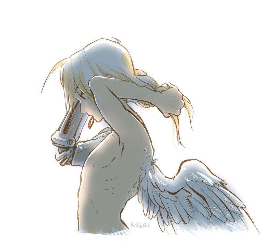angel_wings anna_kotori arms_up artist_name automail bare_back bare_chest blonde_hair braiding_hair edward_elric expressionless fullmetal_alchemist hairdressing highres long_hair looking_away male_focus simple_background solo white_background wings