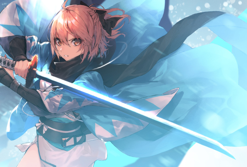 1girl ahoge arm_guards bangs black_bow black_scarf bow brown_eyes brown_hair clenched_teeth commentary_request cowboy_shot eyebrows_visible_through_hair fate_(series) fighting_stance floating_hair hair_between_eyes hair_bow half_updo haori highres holding holding_sword holding_weapon japanese_clothes kimono koha-ace kuwashima_rein long_sleeves looking_at_viewer medium_hair obi okita_souji_(fate) okita_souji_(fate)_(all) sash scabbard scarf serious sheath shinsengumi shiny shiny_hair short_kimono solo standing sword teeth two-handed unsheathed v-shaped_eyebrows weapon white_kimono wide_sleeves wind