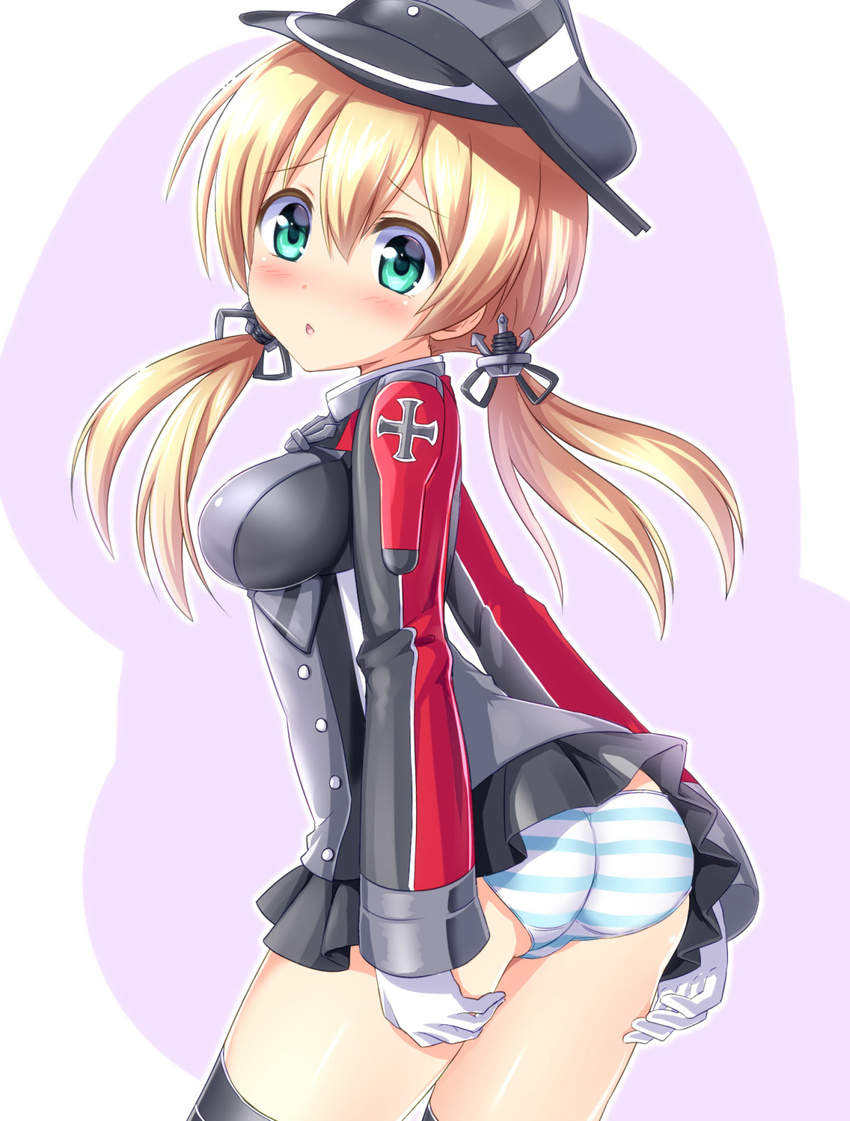 ass black_legwear blonde_hair blush breasts gloves green_eyes hair_between_eyes hat highres kantai_collection kyamu_(qqea92z9n) long_hair long_sleeves low_twintails medium_breasts military military_uniform open_mouth panties peaked_cap prinz_eugen_(kantai_collection) solo striped striped_panties thighhighs twintails underwear uniform white_gloves