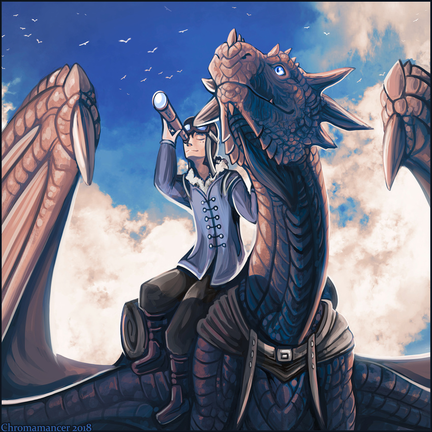 2018 anthro blue_eyes chromamancer clothed clothing day digital_drawing_(artwork) digital_media_(artwork) dragon duo feral horn human male mammal membranous_wings outside sky wings