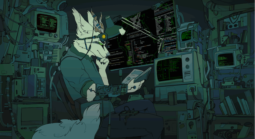 2018 animated anthro clothed clothing cybernetics cyberpunk detailed_background digital_media_(artwork) fur green_eyes horn inside jeanwoof loop machine male mammal sitting solo technology text white_fur