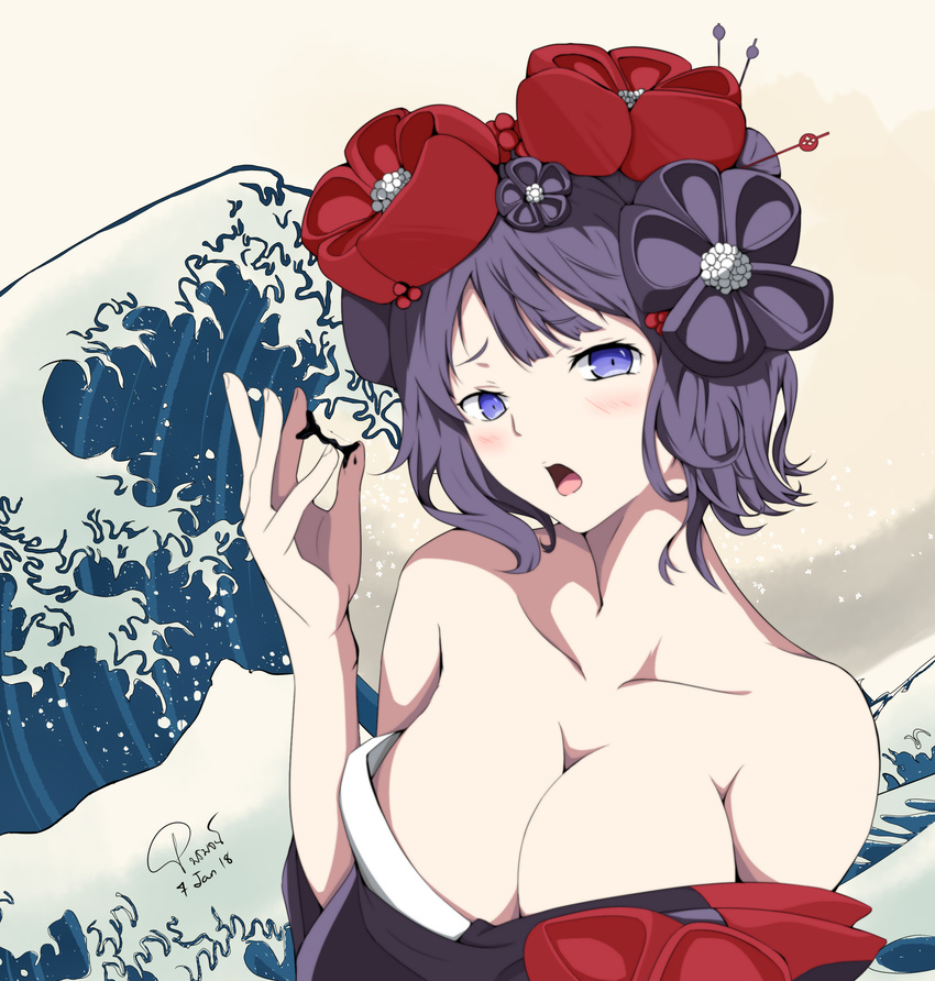 absurdres artist_name bangs bare_shoulders blue_eyes blue_hair blue_kimono blush breasts cleavage collarbone dated eyebrows_visible_through_hair fate/grand_order fate_(series) fine_art_parody flower hair_flower hair_ornament hairpin hand_up highres ink japanese_clothes kanagawa_okinami_ura katsushika_hokusai_(fate/grand_order) kimono large_breasts looking_at_viewer nihonga no_bra ocean off_shoulder open_mouth parody parted_bangs pornpojbeatrice raised_eyebrows short_hair signature solo ukiyo-e upper_body water waves