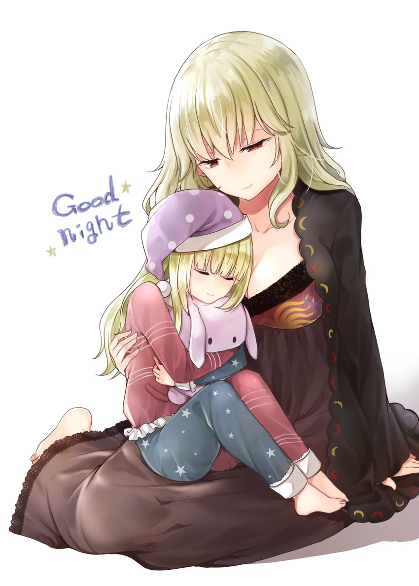 adapted_costume american_flag bangs barefoot black_dress blonde_hair blunt_bangs breasts cleavage clownpiece commentary_request dress english half-closed_eyes hat highres junko_(touhou) large_breasts mimoto_(aszxdfcv) motherly multiple_girls nightcap nightgown object_hug pajamas purple_hat red_eyes simple_background sitting sleeping smile stuffed_toy touhou white_background yokozuwari