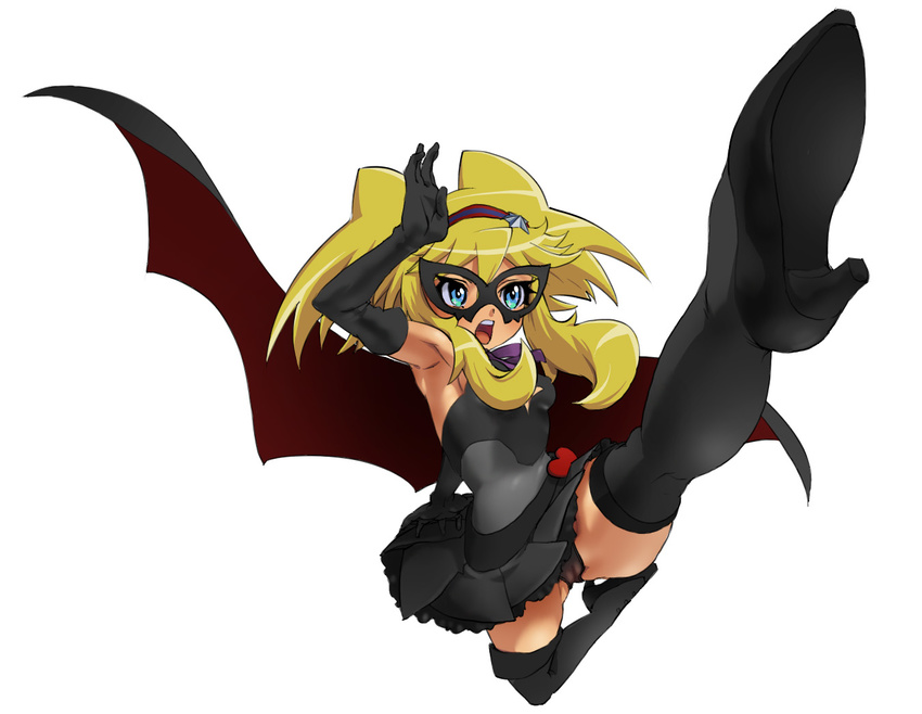 anyamal_tantei_kirumin_zoo armpits bat_wings blonde_hair blue_eyes boots calpara elbow_gloves foreshortening gloves hairband hatori_kanon high_heels kicking long_hair mask open_mouth panties pussy see-through shoes skirt solo thigh_boots thighhighs underwear wings