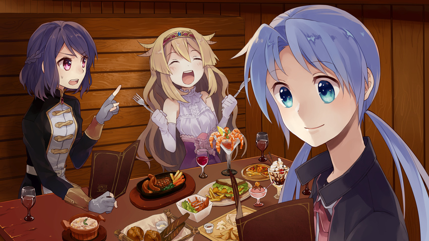 :d ^_^ blonde_hair blue_eyes blue_hair blush braid bread cherry chocolate_syrup closed_eyes closed_mouth cocktail_glass cup drinking_glass elbow_gloves eyebrows eyebrows_visible_through_hair fault food fork french_fries fruit game_cg gloves grey_gloves hair_flaps hairband hamburger_steak holding holding_fork holding_knife ice_cream index_finger_raised knife konatsu_hare lettuce long_hair looking_at_another low_twintails menu motion_lines multiple_girls neck_ribbon official_art open_mouth parfait partly_fingerless_gloves pink_eyes pizza plate purple_hair red_ribbon ribbon ritona_reighnvhasta rune_(fault) sandwich sausage selphine_rughzenhaide shrimp sitting smile sweatdrop table twintails very_long_hair whipped_cream white_gloves wine_glass wooden_wall