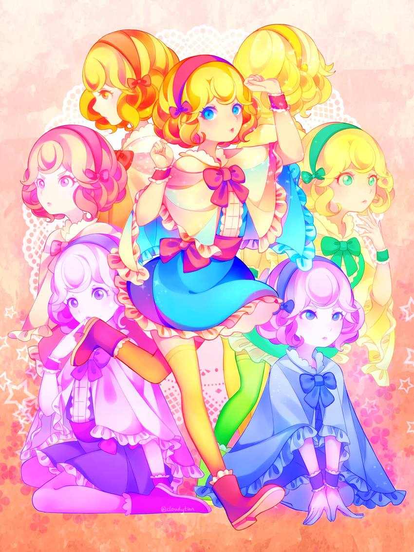 6+girls absurdres alice_margatroid blonde_hair blue_eyes blue_neckwear bow bowtie capelet cloudytian green_eyes green_neckwear hair_bow hairband highres lips looking_at_viewer miniskirt multiple_girls multiple_persona orange_eyes pink_eyes pink_hair pink_neckwear pointing pointing_at_self purple_eyes purple_hair purple_neckwear red_bow red_footwear red_hairband red_neckwear sash sitting skirt sparkle touhou twitter_username wariza wrist_cuffs yellow_eyes