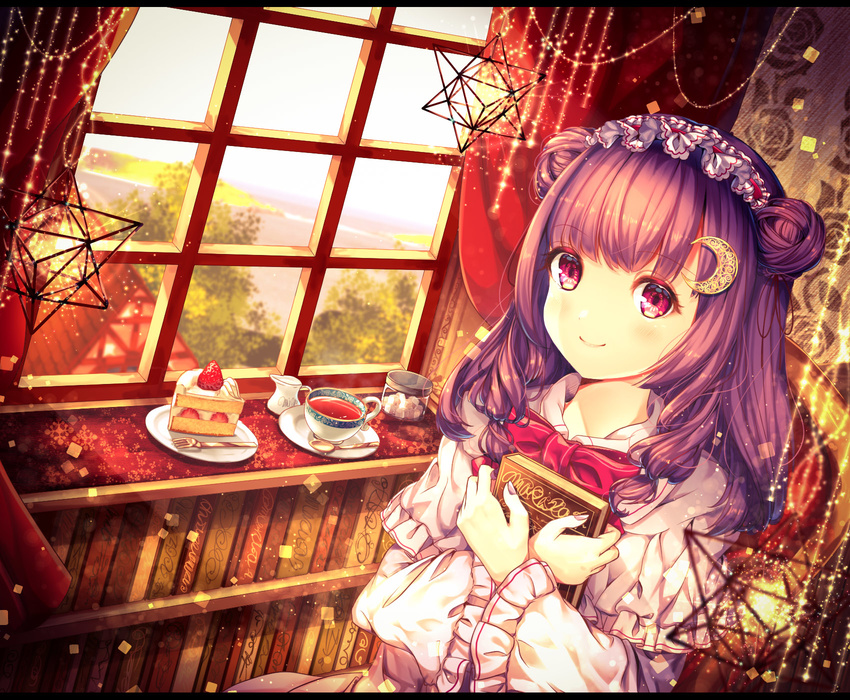 bangs book book_hug bookshelf bow bowtie cake capelet chiyu_(kumataro0x0) closed_mouth creamer_(vessel) crescent crescent_moon_pin cup curtains day double_bun eyebrows_visible_through_hair fingernails food fork fruit hairband highres holding holding_book house indoors lake lolita_hairband long_hair looking_at_viewer nail_polish patchouli_knowledge pink_eyes purple_hair purple_nails red_neckwear saucer smile solo spoon star strawberry strawberry_shortcake sugar_cube tea teacup touhou window