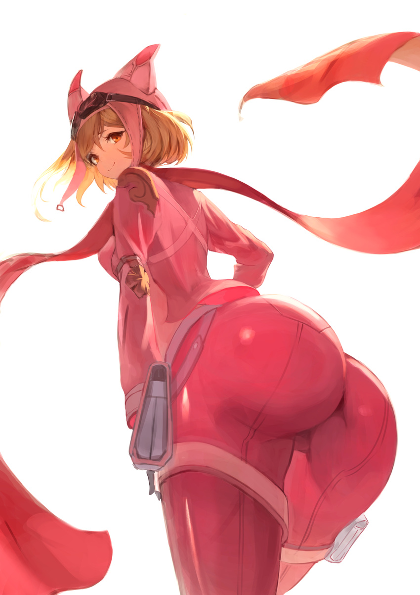 absurdres ass bad_id bad_pixiv_id blonde_hair bodysuit brown_eyes commentary_request djeeta_(granblue_fantasy) from_below goggles goggles_on_head granblue_fantasy highres red scarf simple_background solo takup white_background