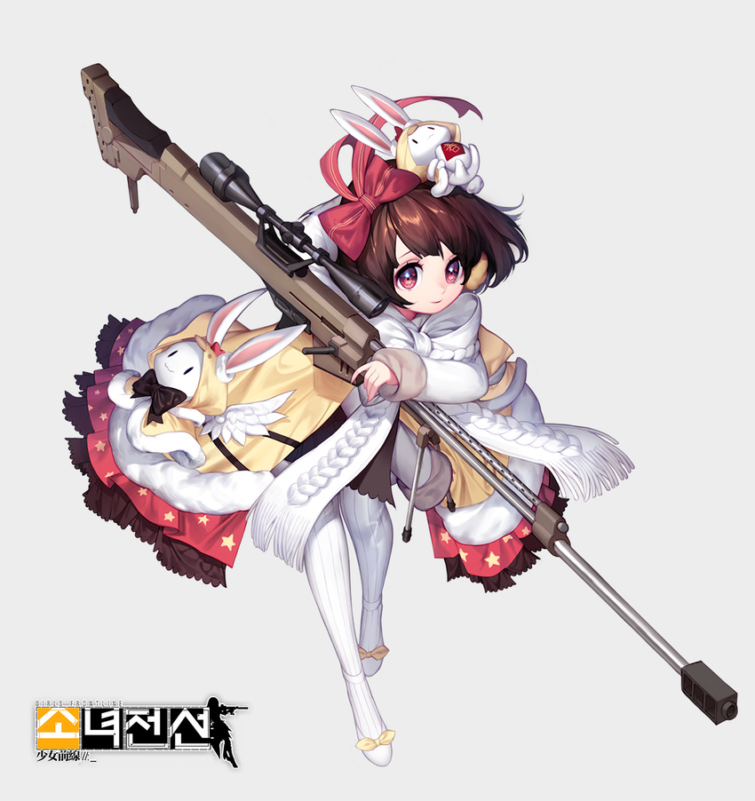 alternate_costume arm_across_waist arm_warmers bangs bike_shorts bow brown_hair bunny charles_(106858) closed_mouth commentary_request detached_sleeves explosive full_body girls_frontline grenade grey_background gun hair_bow hair_ornament hair_ribbon handgun highres holding holding_gun holding_weapon logo long_sleeves looking_at_viewer m99_(girls_frontline) magazine_(weapon) mid-stride open_mouth pink_eyes pistol red_robe ribbon rifle scarf scope shoe_bow shoes short_hair sidelocks sleeves_rolled_up smile sniper_rifle solo striped striped_legwear stuffed_animal stuffed_toy thighhighs weapon white_background white_footwear white_scarf wind wind_lift zijiang_m99