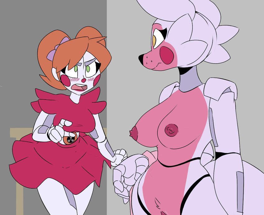 animatronic anthro areola baby_(fnafsl) big_breasts blush breasts canine clothed clothing duo exposed female five_nights_at_freddy's fox funtime_foxy_(fnafsl) green_eyes humanoid jailbait_knight machine mammal nipples nude pussy robot sister_location table video_games