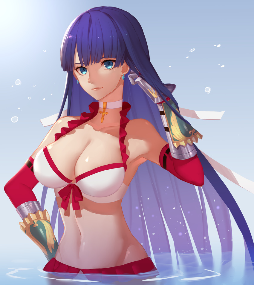 bangs bikini blue_eyes blunt_bangs breasts center_opening choker cleavage commentary_request cross earrings fate/grand_order fate_(series) frilled_bikini frills gauntlets gloves highres jewelry kurenai907 large_breasts long_hair navel purple_hair red_gloves saint_martha saint_martha_(swimsuit_ruler)_(fate) solo straight_hair swimsuit very_long_hair