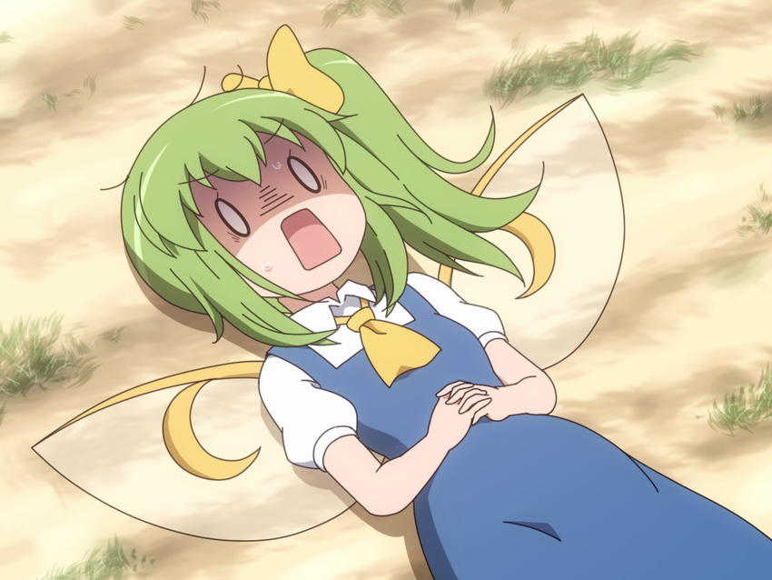 1girl anime_coloring ascot blue_dress bow commentary_request daiyousei dress gochuumon_wa_usagi_desu_ka? green_hair hair_bow hands_on_own_stomach hands_together interlocked_fingers lying on_back on_ground open_mouth parody puffy_short_sleeves puffy_sleeves rectangular_mouth shaded_face shirosato shirt short_sleeves side_ponytail solo touhou white_shirt wings yellow_bow yellow_neckwear