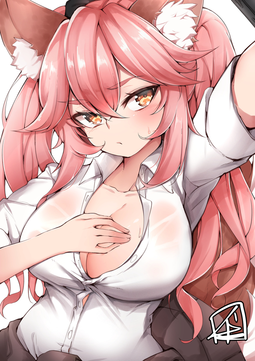 absurdres animal_ears blush breasts cellphone chickenvomit cleavage collarbone commentary_request fate/extella fate/extra fate/grand_order fate_(series) fox_ears fox_tail hand_on_own_chest highres large_breasts long_hair looking_at_viewer open_clothes open_shirt phone pink_hair reaching_out school_uniform self_shot shirt simple_background smartphone solo sweat tail tamamo_(fate)_(all) tamamo_jk_(fate) twintails white_background white_shirt yellow_eyes