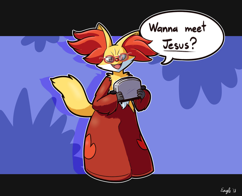 2018 ambiguous_gender canine delphox digital_media_(artwork) english_text hi_res iamaneagle_(artist) inner_ear_fluff looking_at_viewer mammal nintendo open_mouth pok&eacute;mon pok&eacute;mon_(species) red_eyes simple_background smile solo text toaster video_games