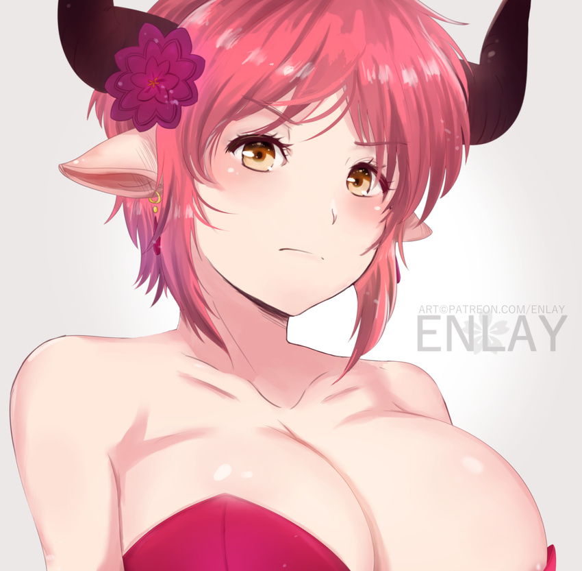 1girl animal_ears annoyed breasts doraf enlay female granblue_fantasy horns large_breasts red_dress red_hair sturm_(granblue_fantasy) yellow_eyes