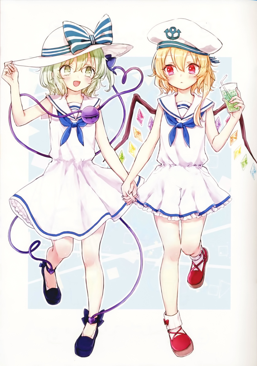 absurdres alternate_costume anchor_symbol bare_arms bare_legs blonde_hair blue_bow blue_footwear bow cup dress drinking_glass drinking_straw flandre_scarlet green_eyes green_hair hat hat_bow heart heart_of_string highres holding_hands honotai interlocked_fingers komeiji_koishi multiple_girls red_eyes red_footwear sailor_hat scan shoes short_dress smile striped striped_bow thighhighs touhou white_dress white_hat