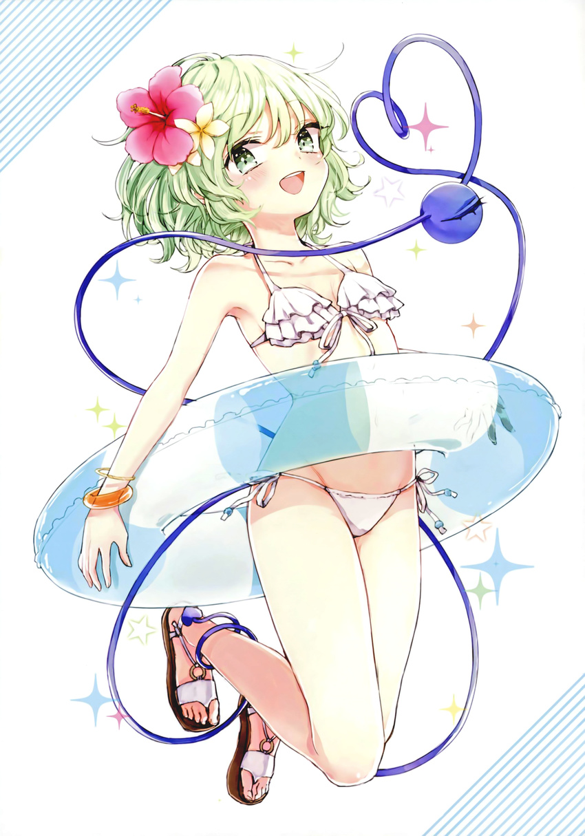 :d absurdres alternate_costume bikini blush bracelet breasts commentary_request eyeball frilled_bikini frills front-tie_bikini front-tie_top full_body green_eyes green_hair heart heart_of_string highres honotai innertube jewelry komeiji_koishi looking_at_viewer open_mouth sandals scan side-tie_bikini simple_background small_breasts smile solo swimsuit third_eye touhou white_bikini